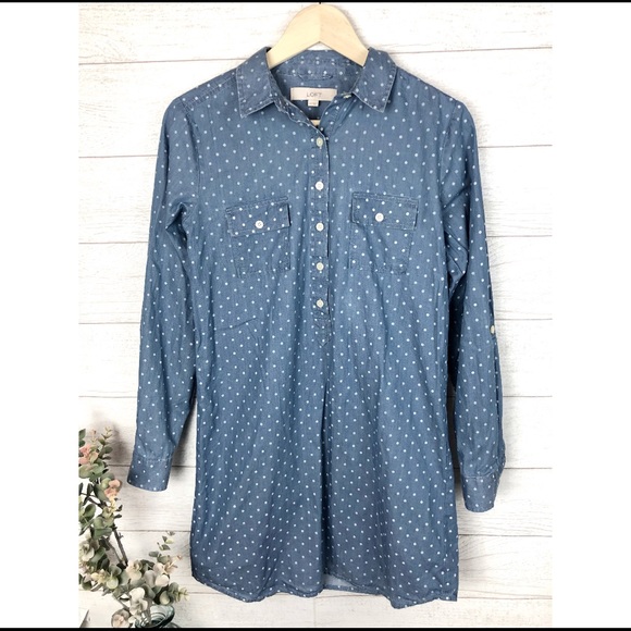 LOFT Jean Polkadot Tired Button Down Cotton Dress - Picture 2 of 8